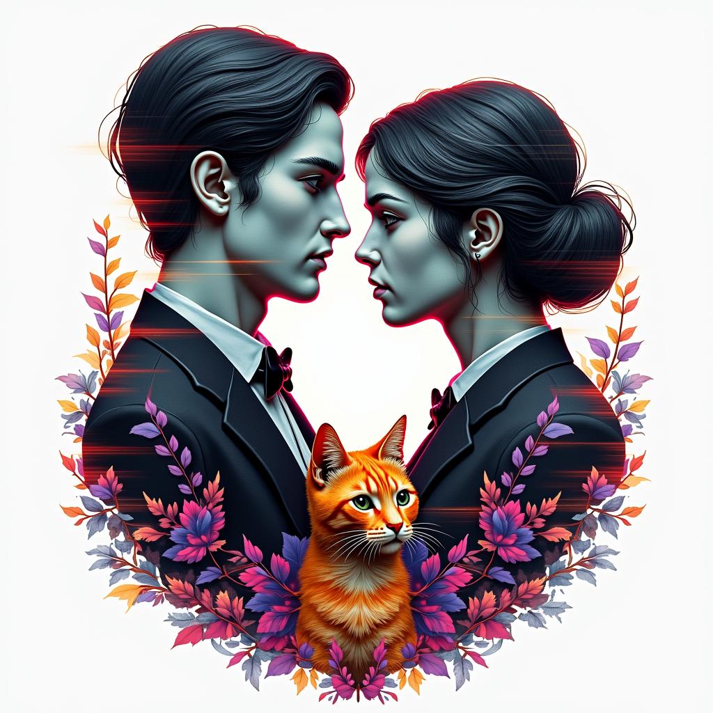 Gaming gothic married couple with gaming and stoner aspects and an orange cat and tuxedo cat and our sonin distorted and fragmented tattoo design, featuring a classical statue bust, in a glitch art style with vibrant, overlapping colors of cyan, magenta, and yellow, creating a digital distortion effect - Variation 2