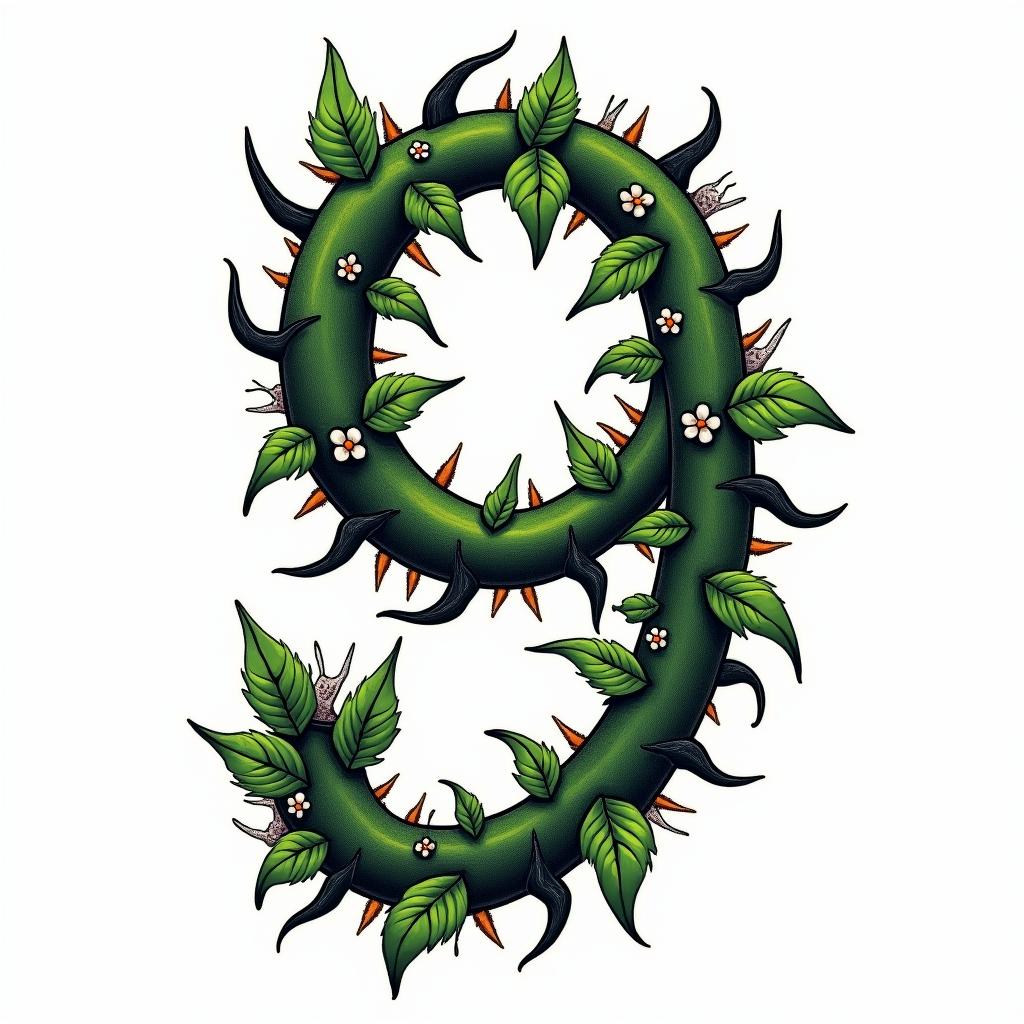 Winding green vines with black thorns and white
flowers in the shape of a 9in pop art style tattoo, featuring bold and vibrant colors, exaggerated outlines, iconic imagery, inspired by comic books and speech bubbles, comic book characters, retro pop culture