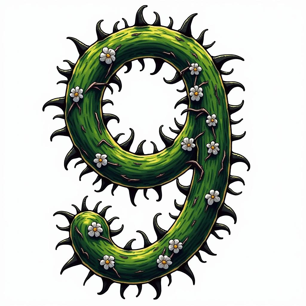 Winding green vines with black thorns and white 
flowers in the shape of a 9in pop art style tattoo, featuring bold and vibrant colors, exaggerated outlines, iconic imagery, inspired by comic books and speech bubbles, comic book characters, retro pop culture - Variation 4