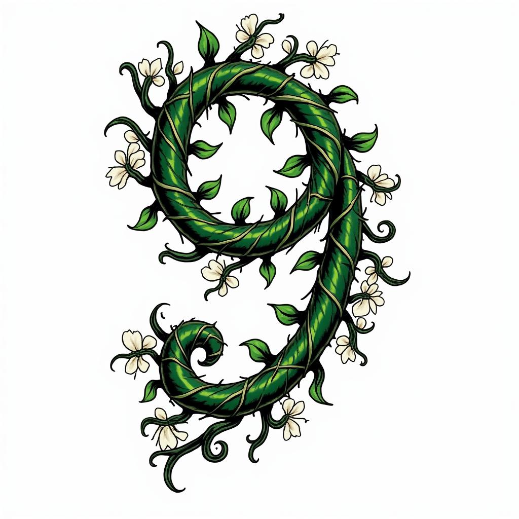 Winding green vines with black thorns and white 
flowers in the shape of a 9in pop art style tattoo, featuring bold and vibrant colors, exaggerated outlines, iconic imagery, inspired by comic books and speech bubbles, comic book characters, retro pop culture - Variation 3