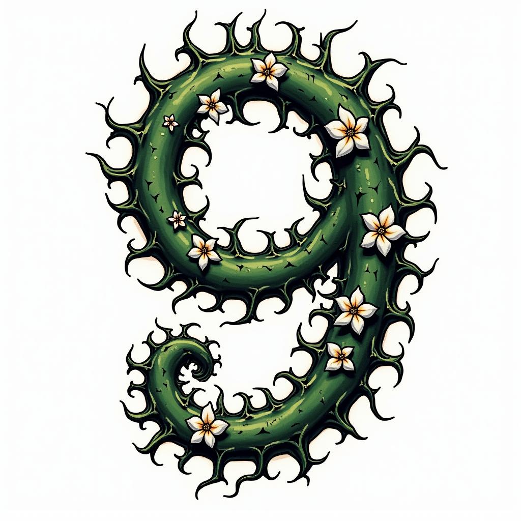 Winding green vines with black thorns and white 
flowers in the shape of a 9in pop art style tattoo, featuring bold and vibrant colors, exaggerated outlines, iconic imagery, inspired by comic books and speech bubbles, comic book characters, retro pop culture - Variation 2
