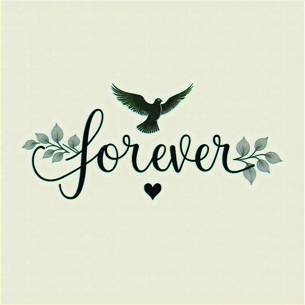 Melinda Dawn Morgan in cursive with a dove and forever 46 underneathin elegant cursive calligraphy style 2d tattoo, decorate with roses, featuring a smooth and flowing handwritten script with slightly thickened strokes for a luxurious and bold appearance,  heart symbol between names,  sleek and glossy black text with shadowing, minimalist matte white background, clean and sharp edges, illuminated with soft lighting, romantic, 8k, high-quality textures with refined typography - Variation 4