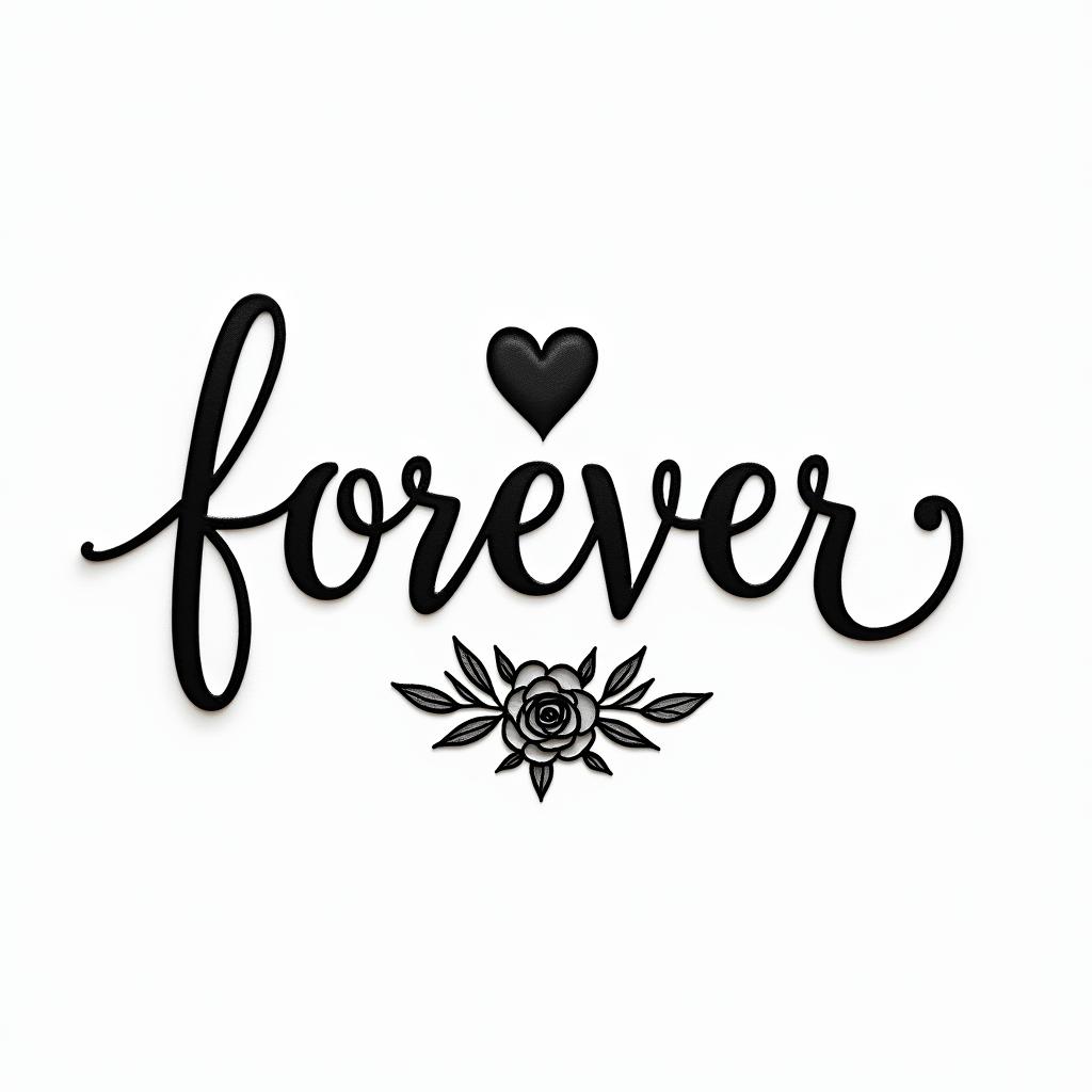 Melinda Dawn Morgan in cursive with a dove and forever 46 underneathin elegant cursive calligraphy style 2d tattoo, decorate with roses, featuring a smooth and flowing handwritten script with slightly thickened strokes for a luxurious and bold appearance,  heart symbol between names,  sleek and glossy black text with shadowing, minimalist matte white background, clean and sharp edges, illuminated with soft lighting, romantic, 8k, high-quality textures with refined typography - Variation 2
