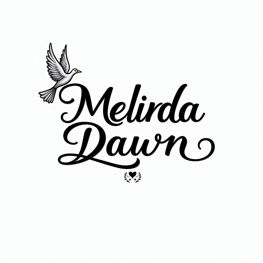 Melinda Dawn Morgan in cursive with a dove and forever 46 underneathin elegant cursive calligraphy style 2d tattoo, decorate with roses, featuring a smooth and flowing handwritten script with slightly thickened strokes for a luxurious and bold appearance,  heart symbol between names,  sleek and glossy black text with shadowing, minimalist matte white background, clean and sharp edges, illuminated with soft lighting, romantic, 8k, high-quality textures with refined typography - Variation 3
