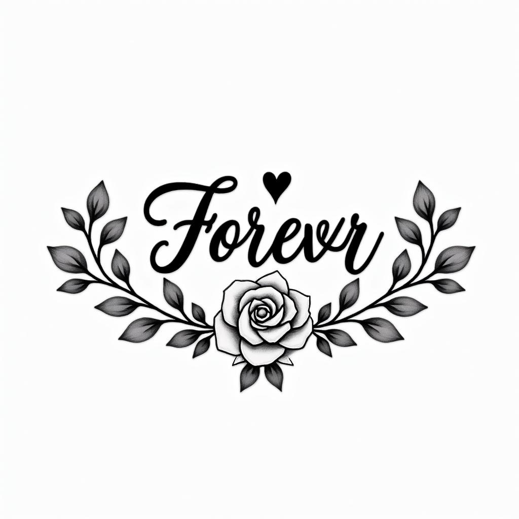 Melinda Dawn Morgan in cursive with a dove and forever 46 underneathin elegant cursive calligraphy style 2d tattoo, decorate with roses, featuring a smooth and flowing handwritten script with slightly thickened strokes for a luxurious and bold appearance,  heart symbol between names,  sleek and glossy black text with shadowing, minimalist matte white background, clean and sharp edges, illuminated with soft lighting, romantic, 8k, high-quality textures with refined typography