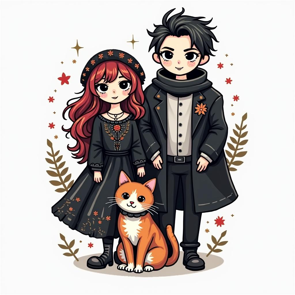Gaming gothic married couple with gaming and stoner aspects and an orange cat and tuxedo cat and our sonin 8-bit tattoo style, minimalistic pixel style tattoo, pixel art with simplified shapes and retro gaming visuals, inspired by 8-bit pixel based detailing