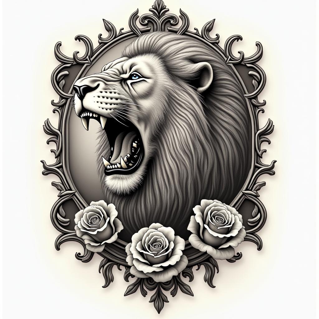 Roaring lion with a flowing manein victorian style tattoo, featuring vintage and elegant elements, ornate frames, roses, antique, sepia-toned color scheme - Variation 3