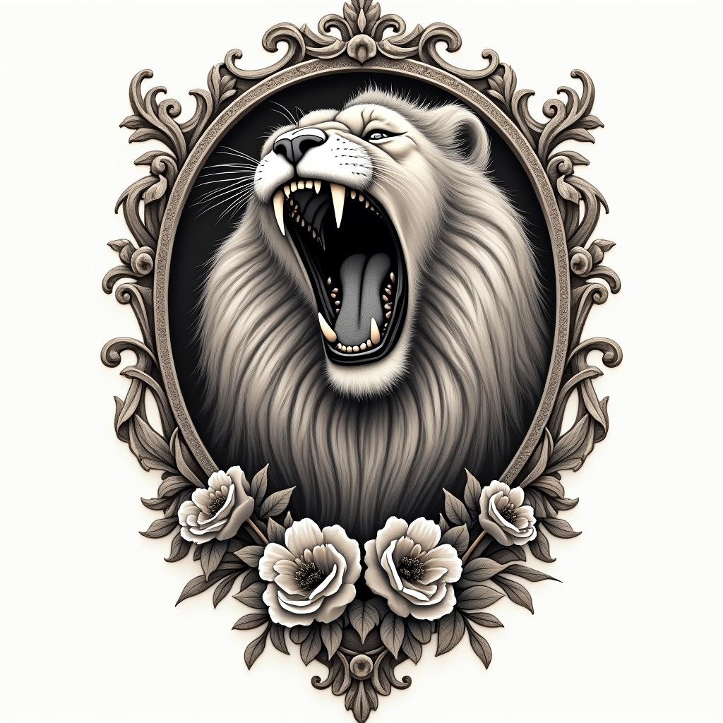 Roaring lion with a flowing manein victorian style tattoo, featuring vintage and elegant elements, ornate frames, roses, antique, sepia-toned color scheme - Variation 4
