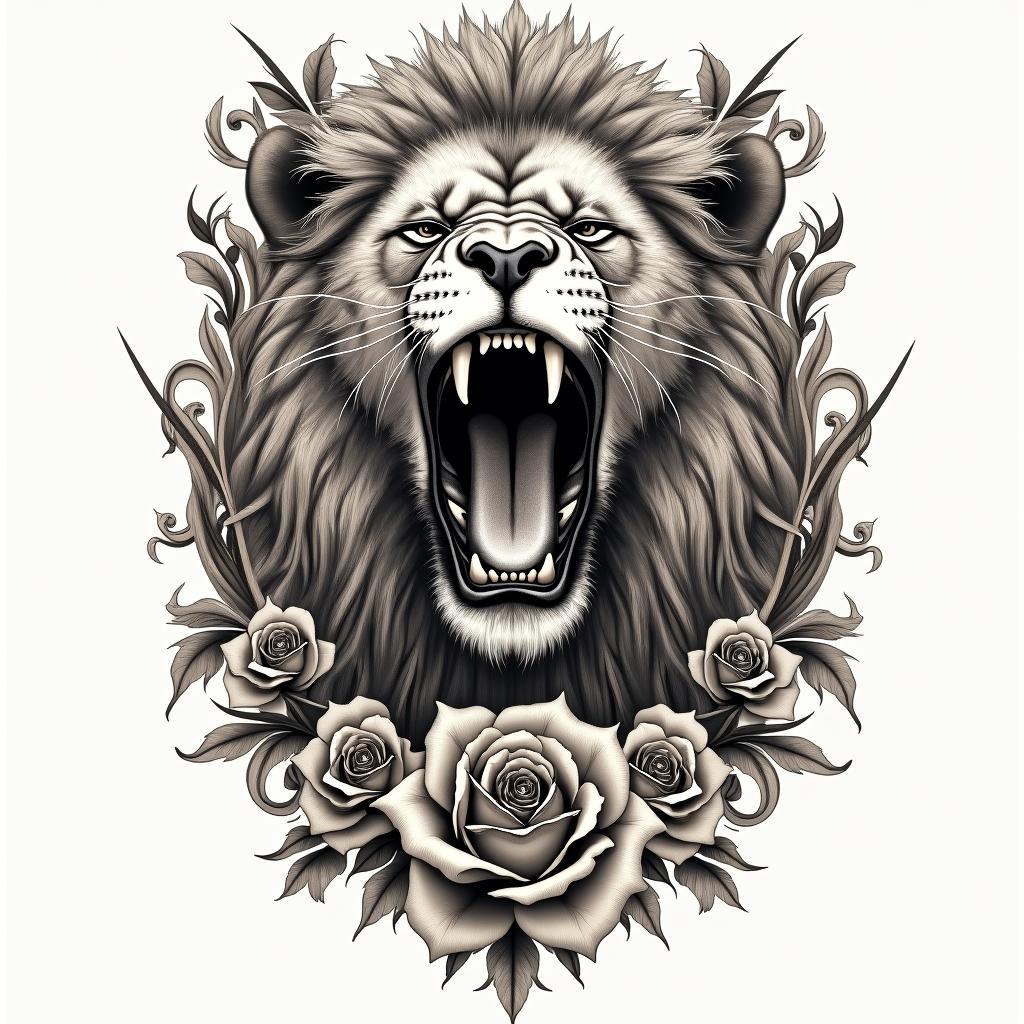 Roaring lion with a flowing manein victorian style tattoo, featuring vintage and elegant elements, ornate frames, roses, antique, sepia-toned color scheme - Variation 2