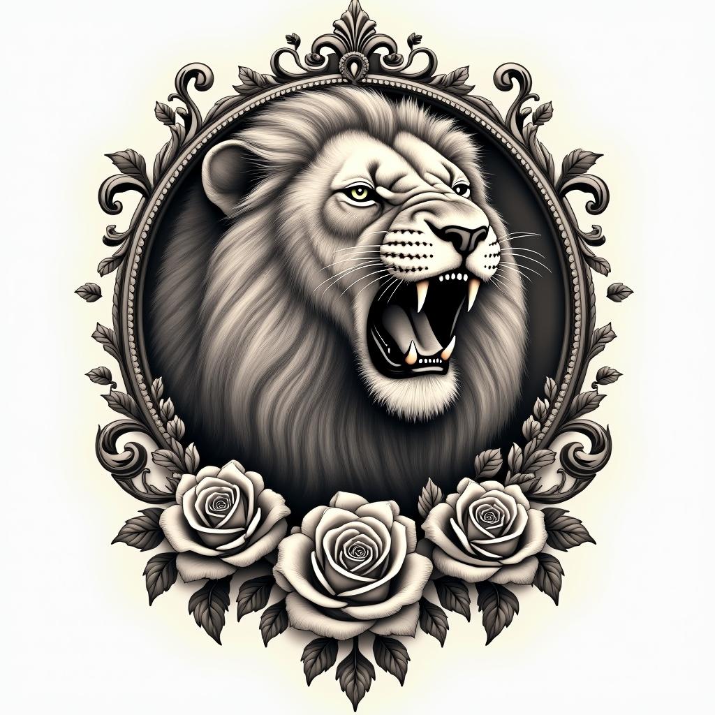 Roaring lion with a flowing manein victorian style tattoo, featuring vintage and elegant elements, ornate frames, roses, antique, sepia-toned color scheme