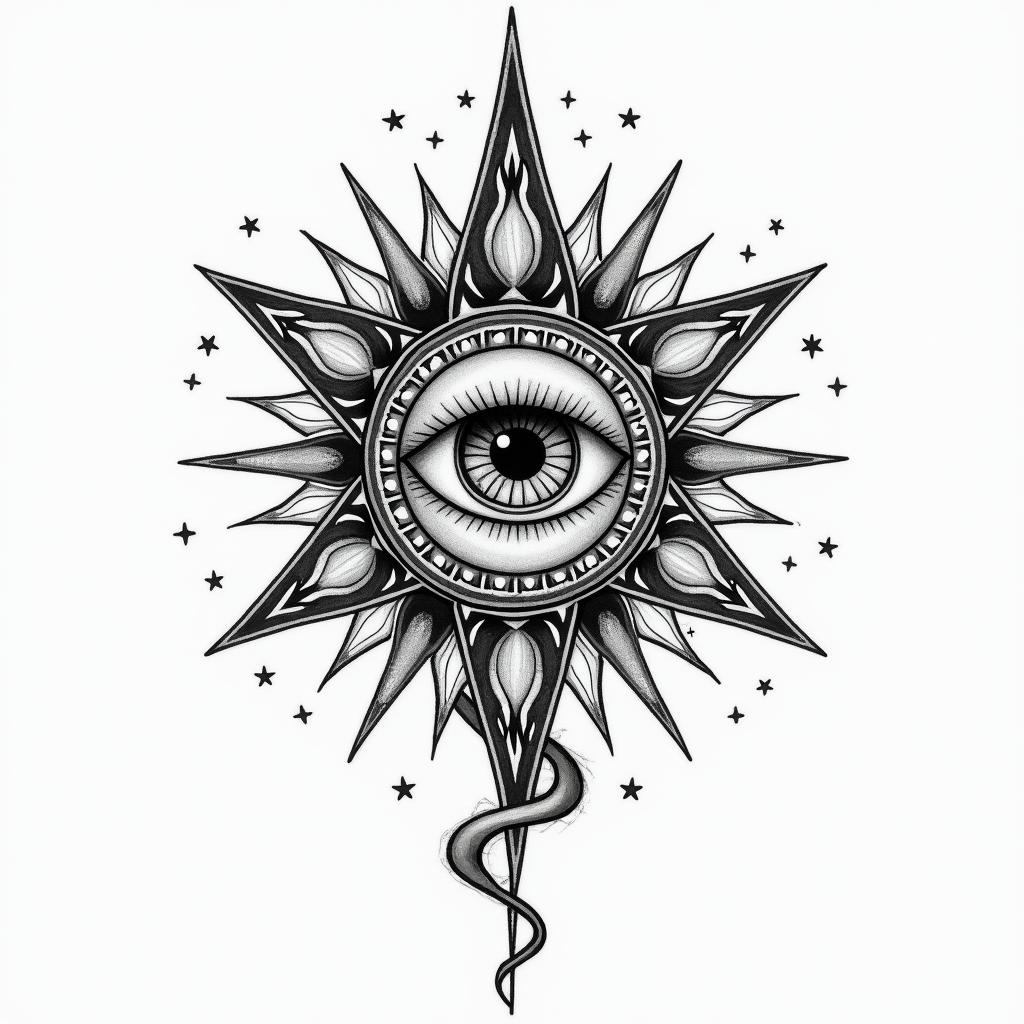 Name: Kayla, Sign: Libra, I love water and greenery (nature), life goal is love and peacein prophecy tattoo style, featuring mystical symbols, celestial imagery like stars, moons, suns, geometric patterns, foretelling elements, an eye of wisdom - Variation 2