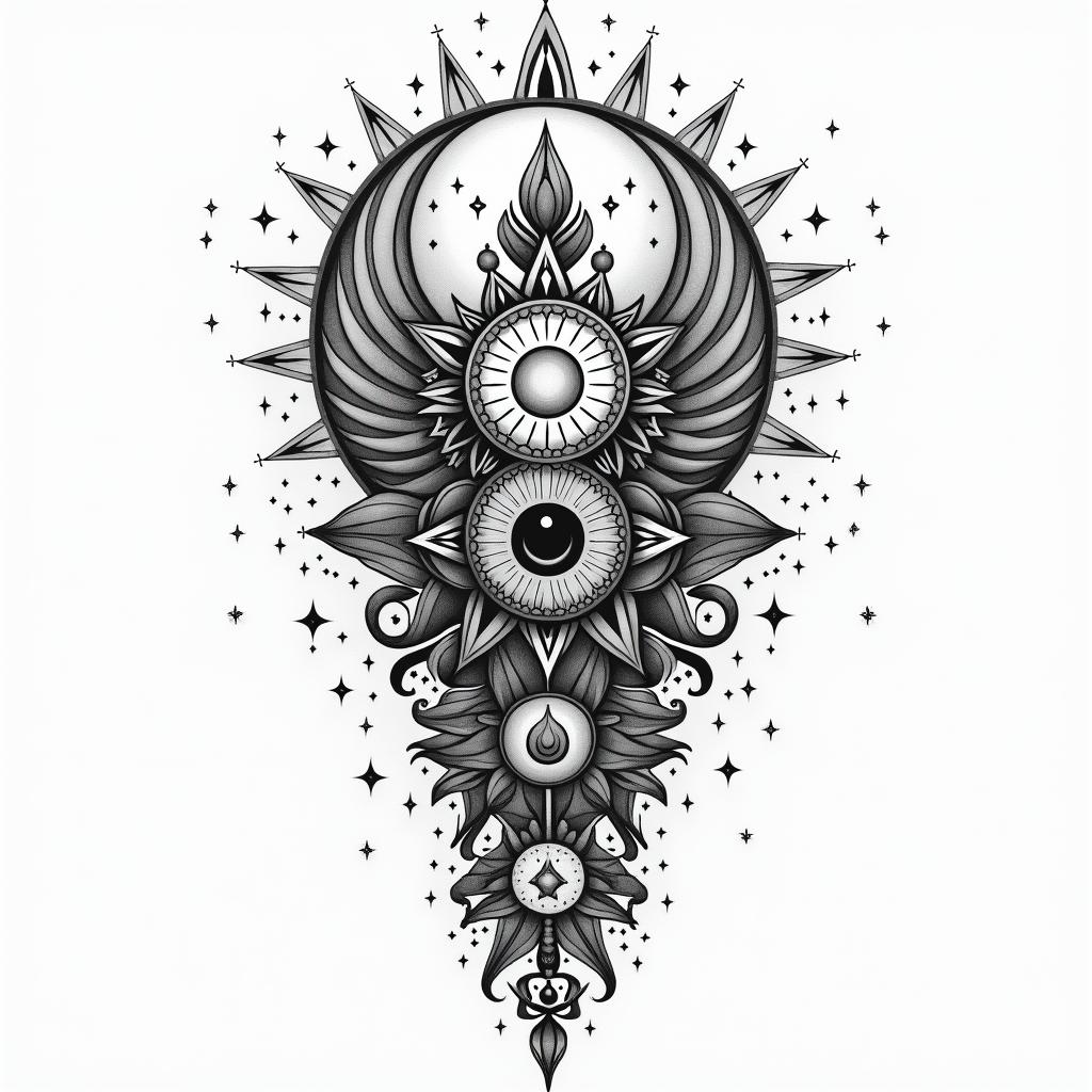 Name: Kayla, Sign: Libra, I love water and greenery (nature), life goal is love and peacein prophecy tattoo style, featuring mystical symbols, celestial imagery like stars, moons, suns, geometric patterns, foretelling elements, an eye of wisdom - Variation 3