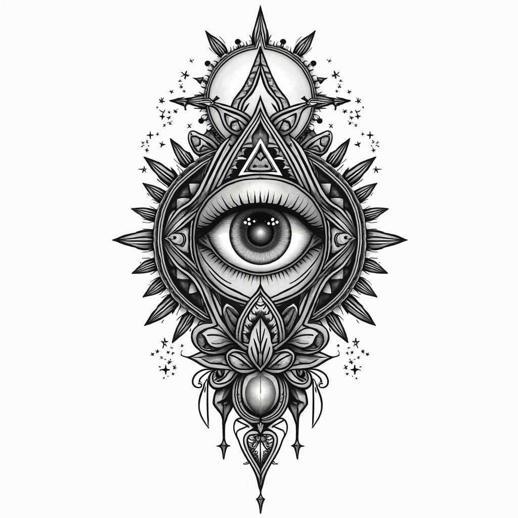 Name: Kayla, Sign: Libra, I love water and greenery (nature), life goal is love and peacein prophecy tattoo style, featuring mystical symbols, celestial imagery like stars, moons, suns, geometric patterns, foretelling elements, an eye of wisdom