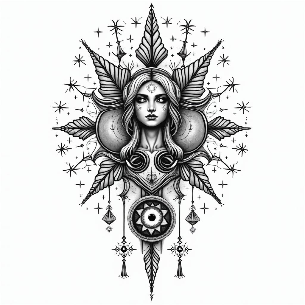 Name: Kayla, Sign: Libra, I love water and greenery (nature), life goal is love and peacein prophecy tattoo style, featuring mystical symbols, celestial imagery like stars, moons, suns, geometric patterns, foretelling elements, an eye of wisdom - Variation 4