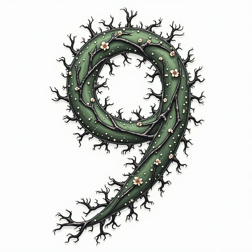 Winding green vines with black thorns and white 
flowers in the shape of a 9in japanese style tattoo, detailed tattoo, traditional japanese culture tattoo, mythology, 8k - Variation 2