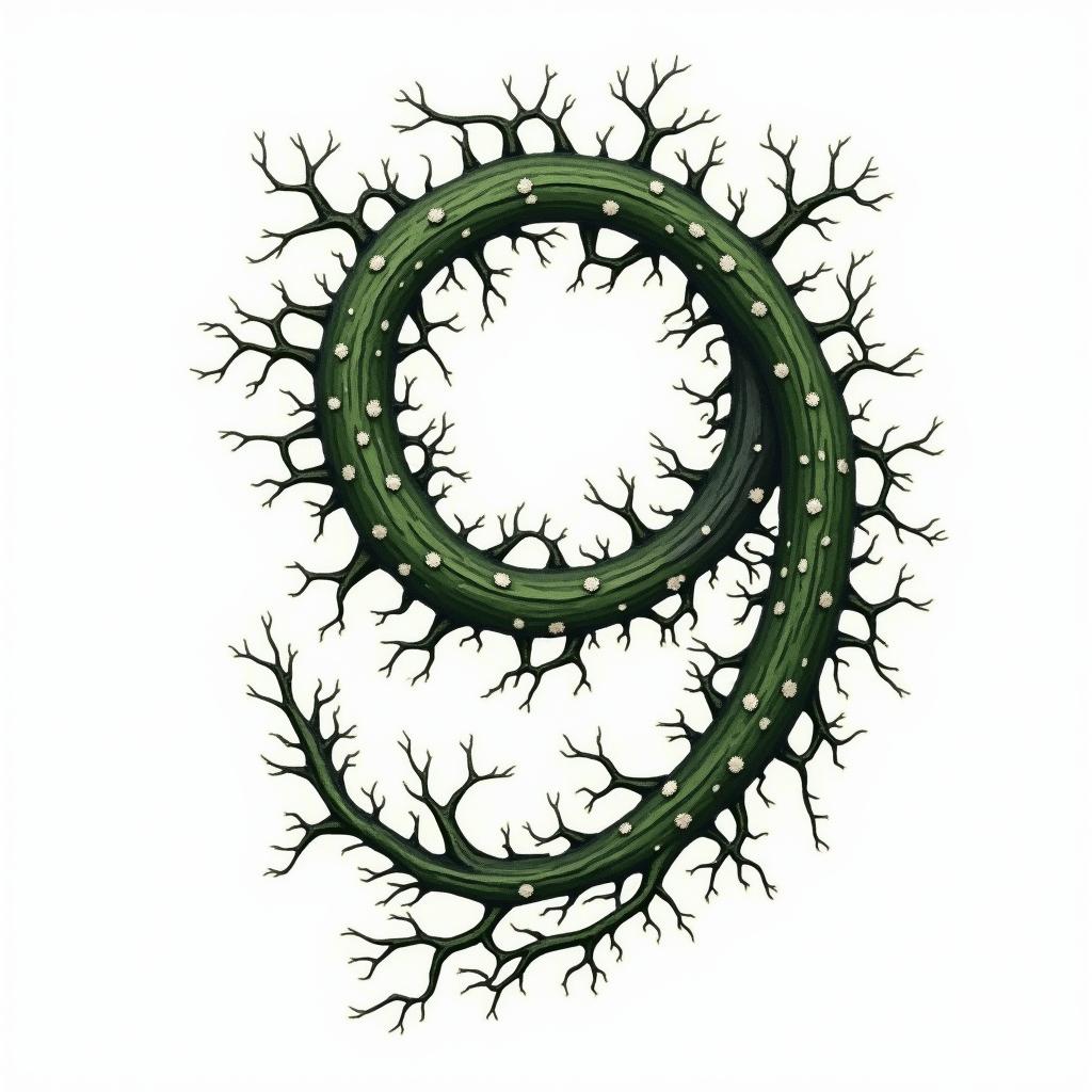 Winding green vines with black thorns and white 
flowers in the shape of a 9in japanese style tattoo, detailed tattoo, traditional japanese culture tattoo, mythology, 8k - Variation 3