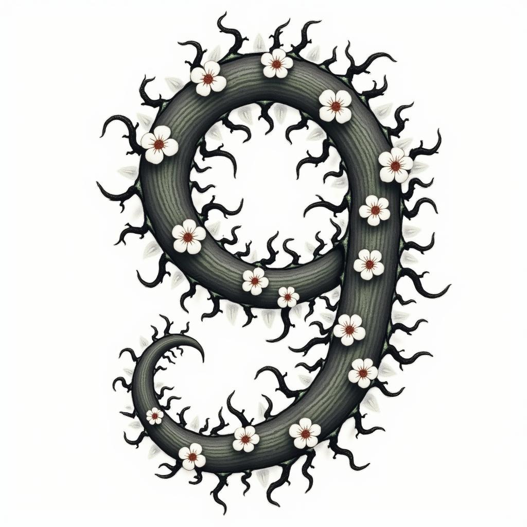 Winding green vines with black thorns and white 
flowers in the shape of a 9in japanese style tattoo, detailed tattoo, traditional japanese culture tattoo, mythology, 8k - Variation 4