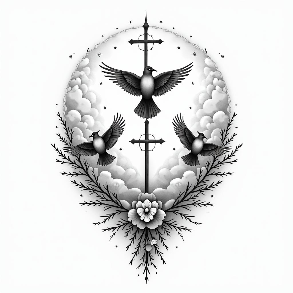 I want a shoulder tattoo with birds, clouds, stars and 3 crosseshigly detailed tattoo - Variation 4