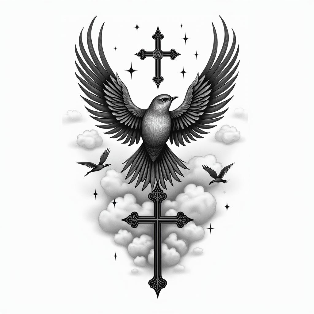 I want a shoulder tattoo with birds, clouds, stars and 3 crosseshigly detailed tattoo - Variation 3