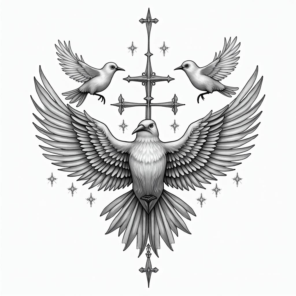 I want a shoulder tattoo with birds, clouds, stars and 3 crosseshigly detailed tattoo - Variation 2