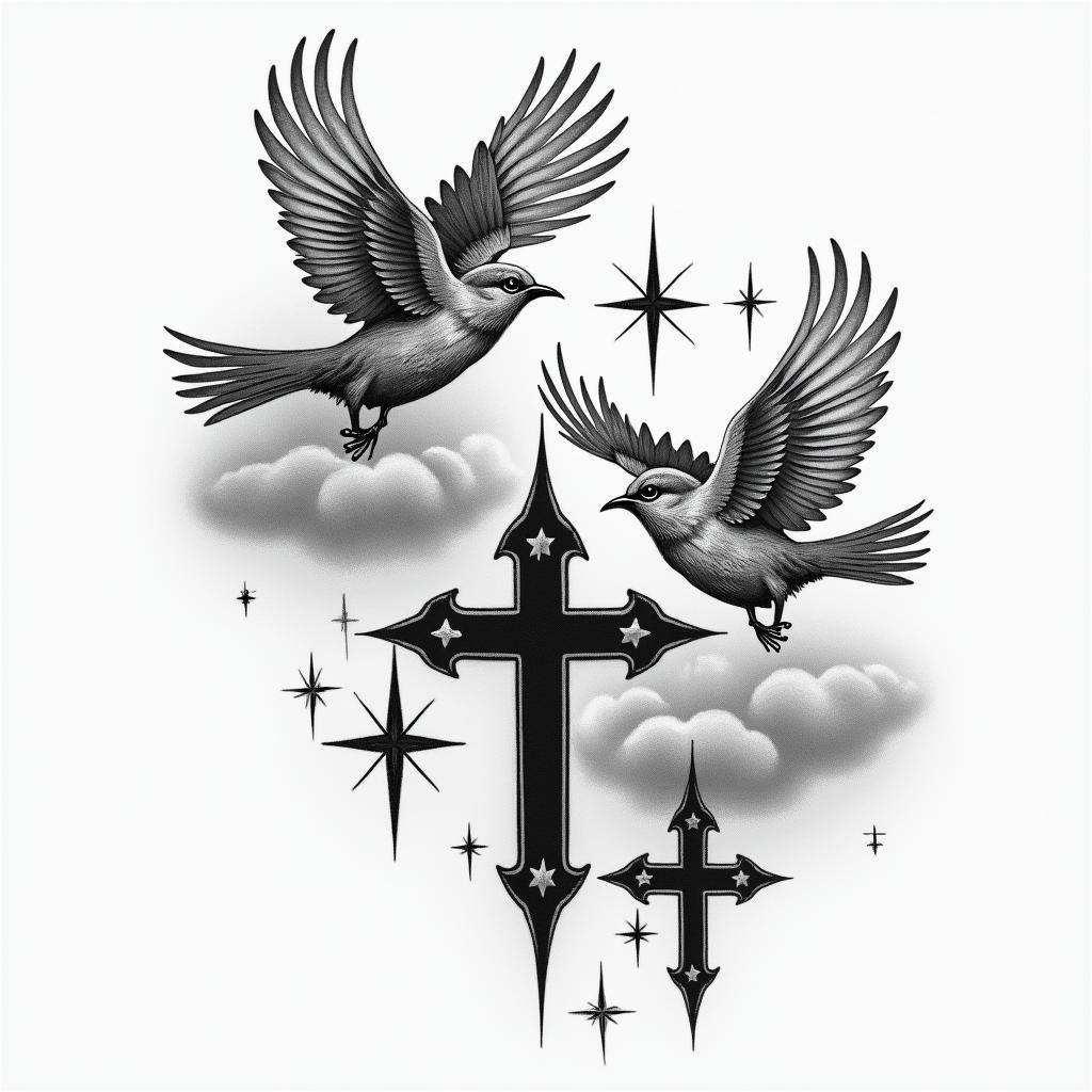 I want a shoulder tattoo with birds, clouds, stars and 3 crosseshigly detailed tattoo