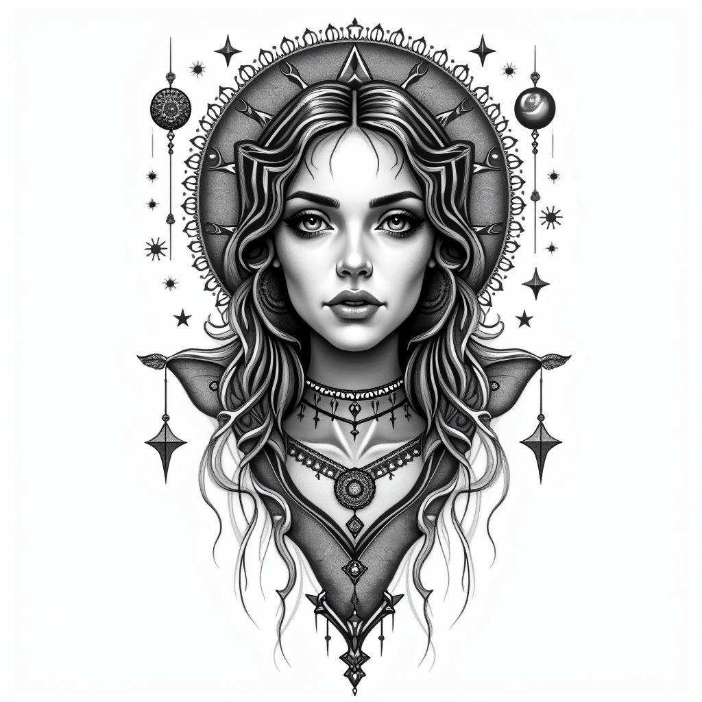 Marina, signo de virgem, nascida em Presidente Prudentein prophecy tattoo style, featuring mystical symbols, celestial imagery like stars, moons, suns, geometric patterns, foretelling elements, an eye of wisdom