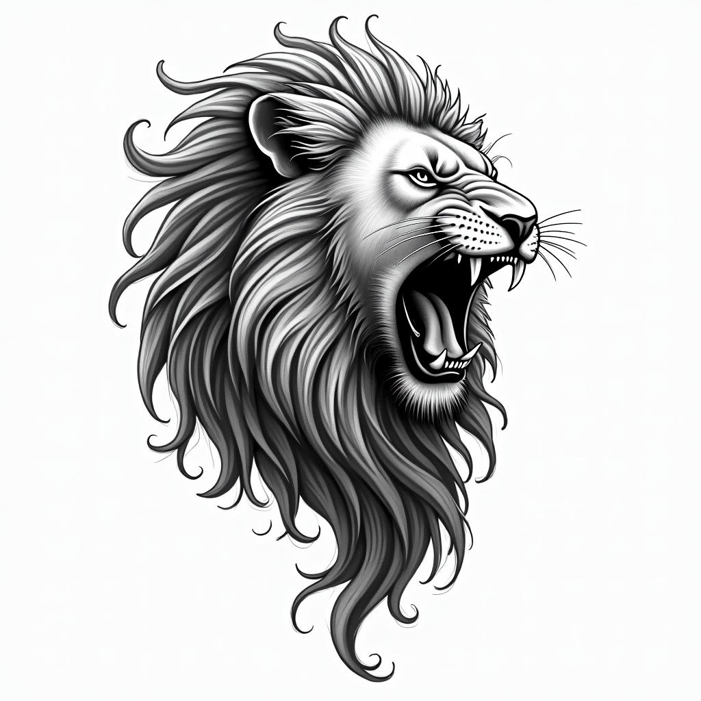 Roaring lion with a flowing manein bohemian style tattoo, 8k