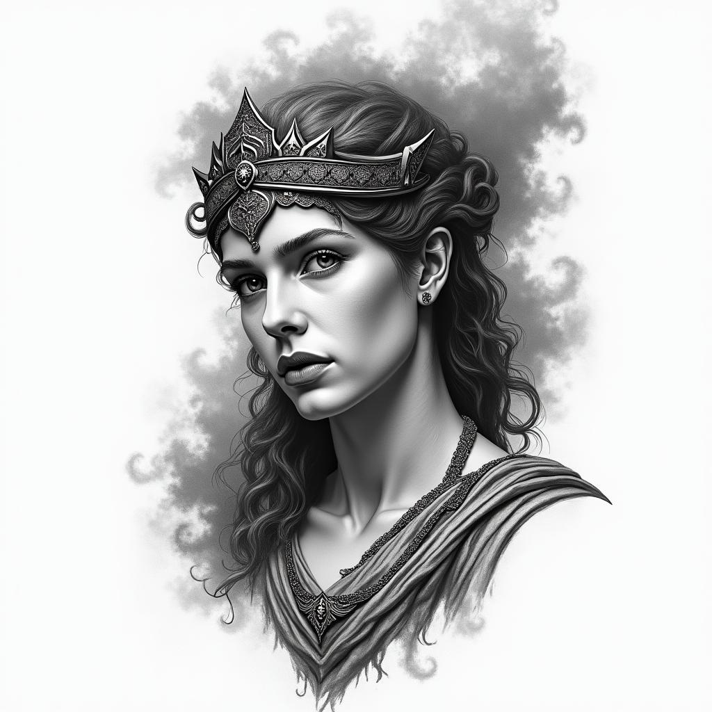 Athena, the goddess of war, firein portrait tattoo style, featuring a highly realistic and detailed depiction - Variation 1