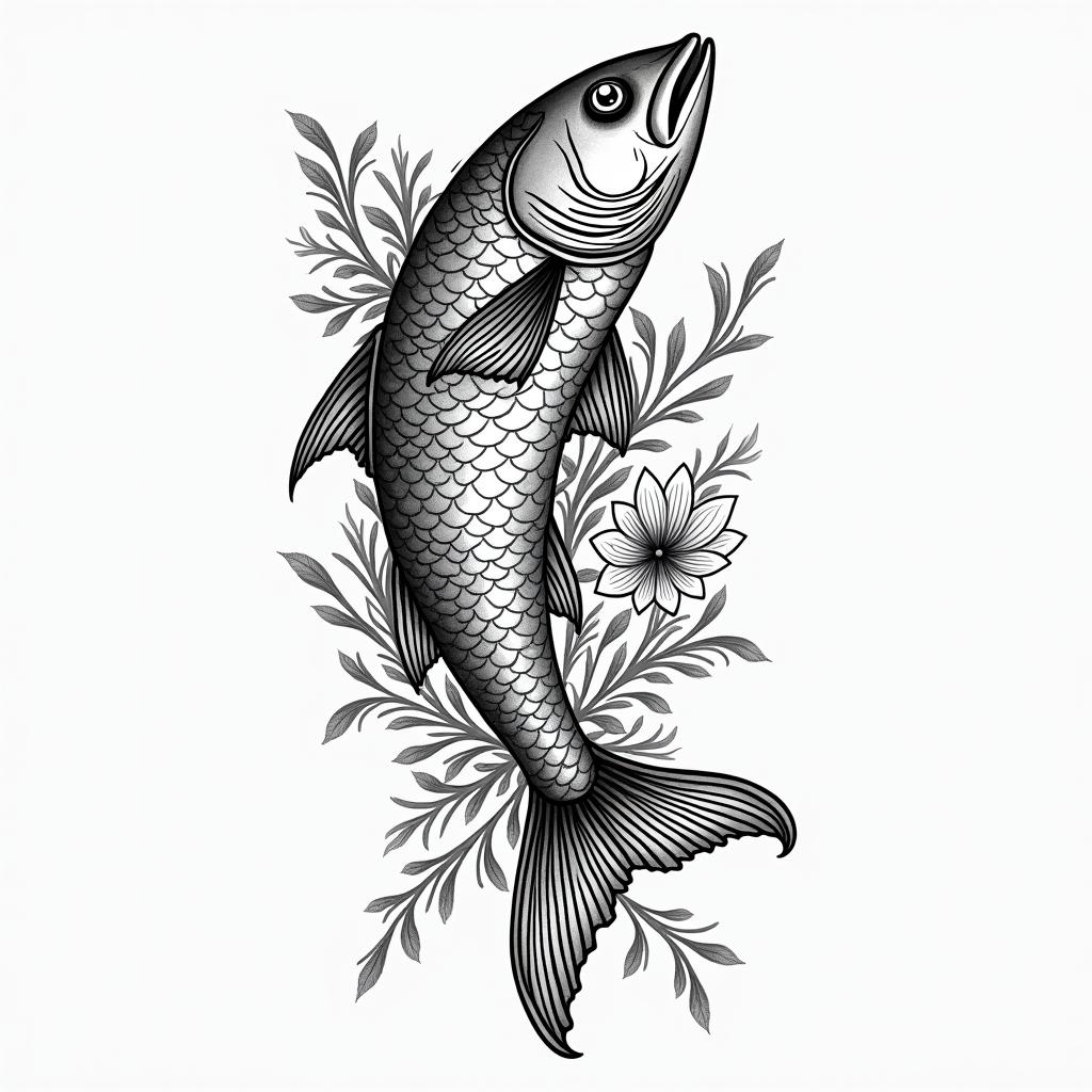 Barracudain ornamental tattoo style, featuring intricate symmetrical patterns and floral designs, showcasing highly detailed line work and geometric shapes, creating a sense of elegance and balance - Variation 2