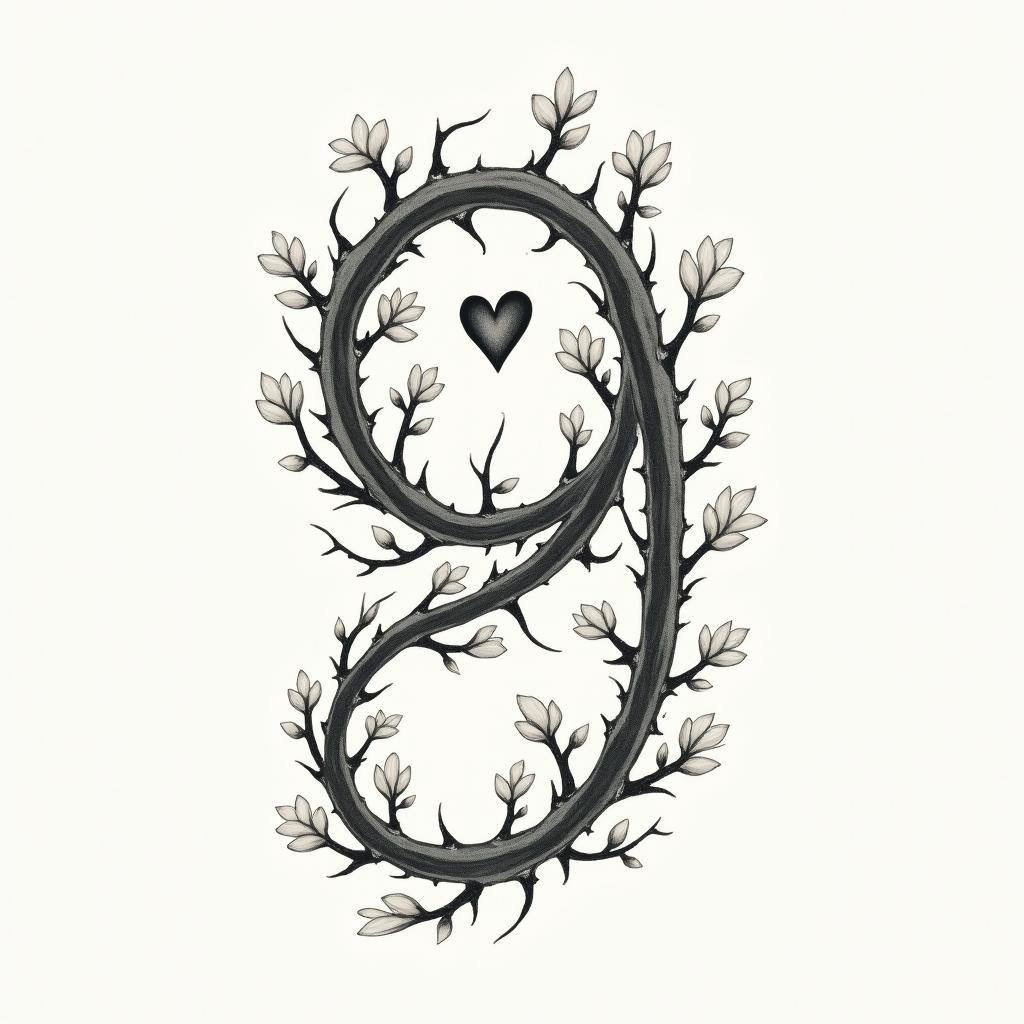 Winding green vines with black thorns and white
flowers in the shape of a 9in Modest style tattoo, featuring soft, delicate line work with simple and meaningful symbols, gentle waves, a heart, evoking a sense of serenity and grace, - Variation 3