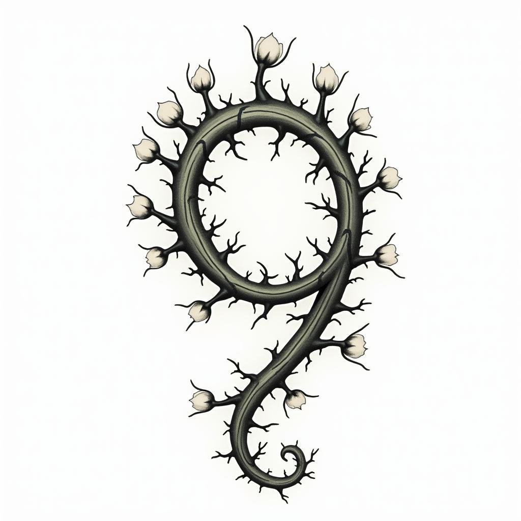 Winding green vines with black thorns and white
flowers in the shape of a 9in Modest style tattoo, featuring soft, delicate line work with simple and meaningful symbols, gentle waves, a heart, evoking a sense of serenity and grace, - Variation 2