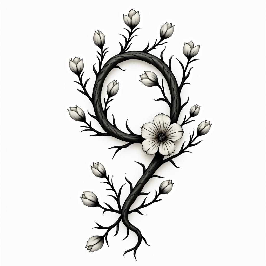 Winding green vines with black thorns and white
flowers in the shape of a 9in Modest style tattoo, featuring soft, delicate line work with simple and meaningful symbols, gentle waves, a heart, evoking a sense of serenity and grace, - Variation 4