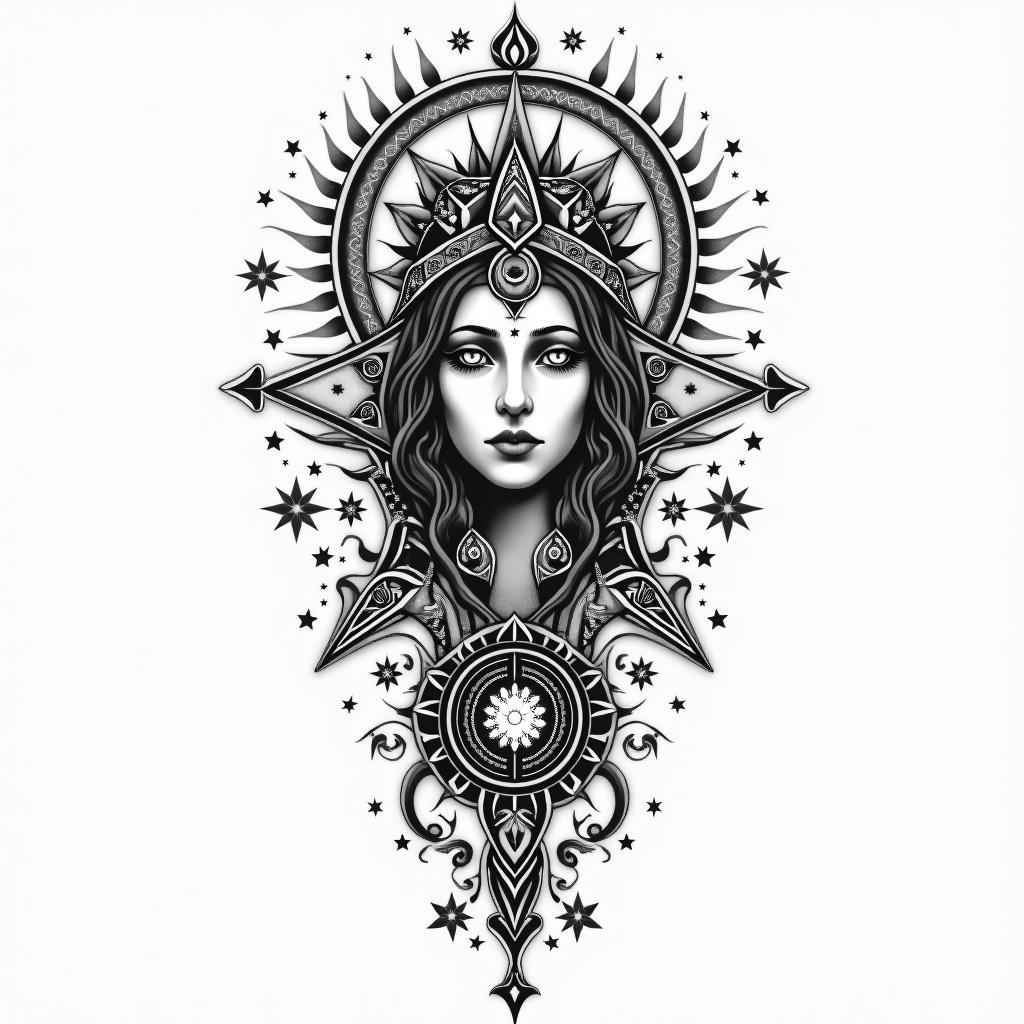 Athena, the goddess of war, firein prophecy tattoo style, featuring mystical symbols, celestial imagery like stars, moons, suns, geometric patterns, foretelling elements, an eye of wisdom