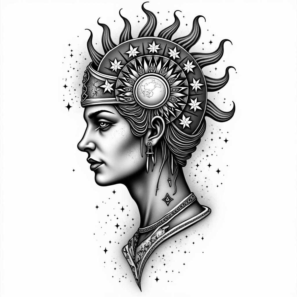 Athena, the goddess of war, firein prophecy tattoo style, featuring mystical symbols, celestial imagery like stars, moons, suns, geometric patterns, foretelling elements, an eye of wisdom - Variation 2