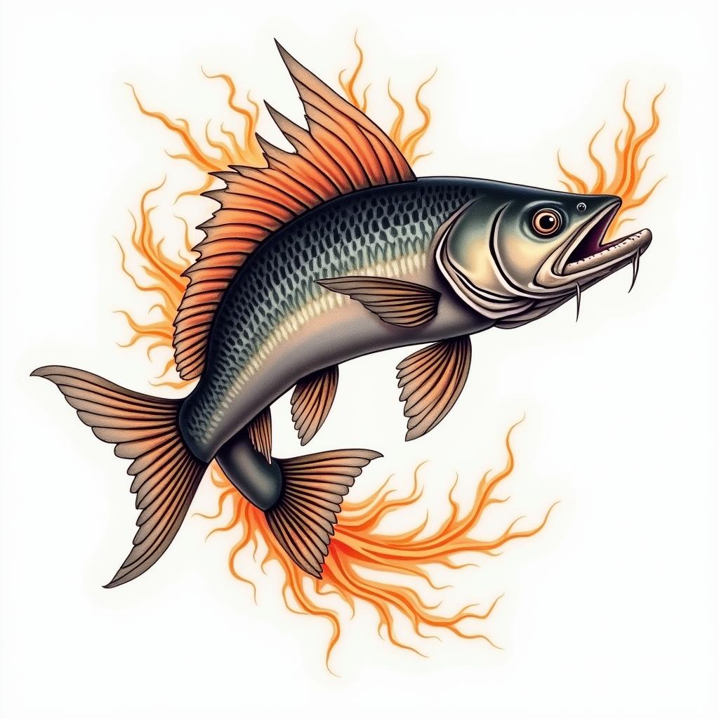 Barracuda predatory fishin flame tattoo style showcasing fiery elements with dynamic flame patterns, glowing effect of flames, natural colors - Variation 4