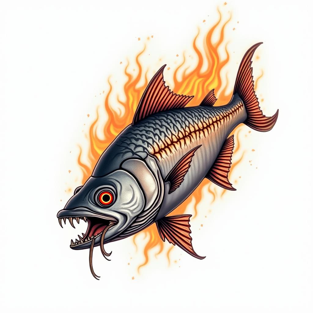 Barracuda predatory fishin flame tattoo style showcasing fiery elements with dynamic flame patterns, glowing effect of flames, natural colors