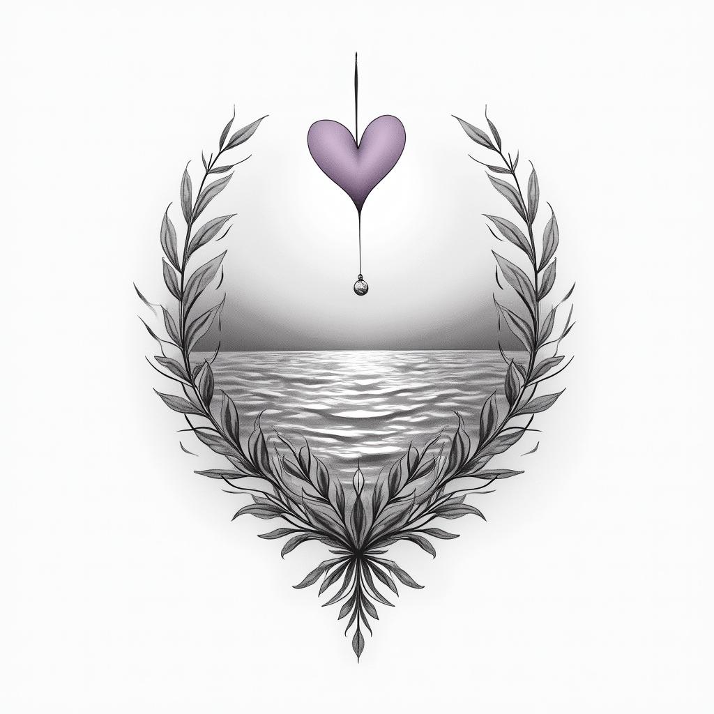 Violetin Modest style tattoo, featuring soft, delicate line work with simple and meaningful symbols, gentle waves, a heart, evoking a sense of serenity and grace, - Variation 3