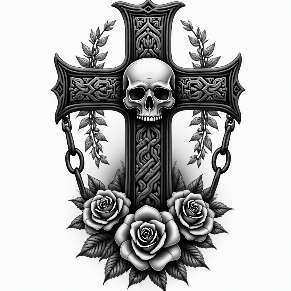 Full sleevein chicano style tattoo, featuring intricate black and grey shading, bold elements of traditional chicano culture symbols, add a big cross with skull, chains and roses - Variation 3