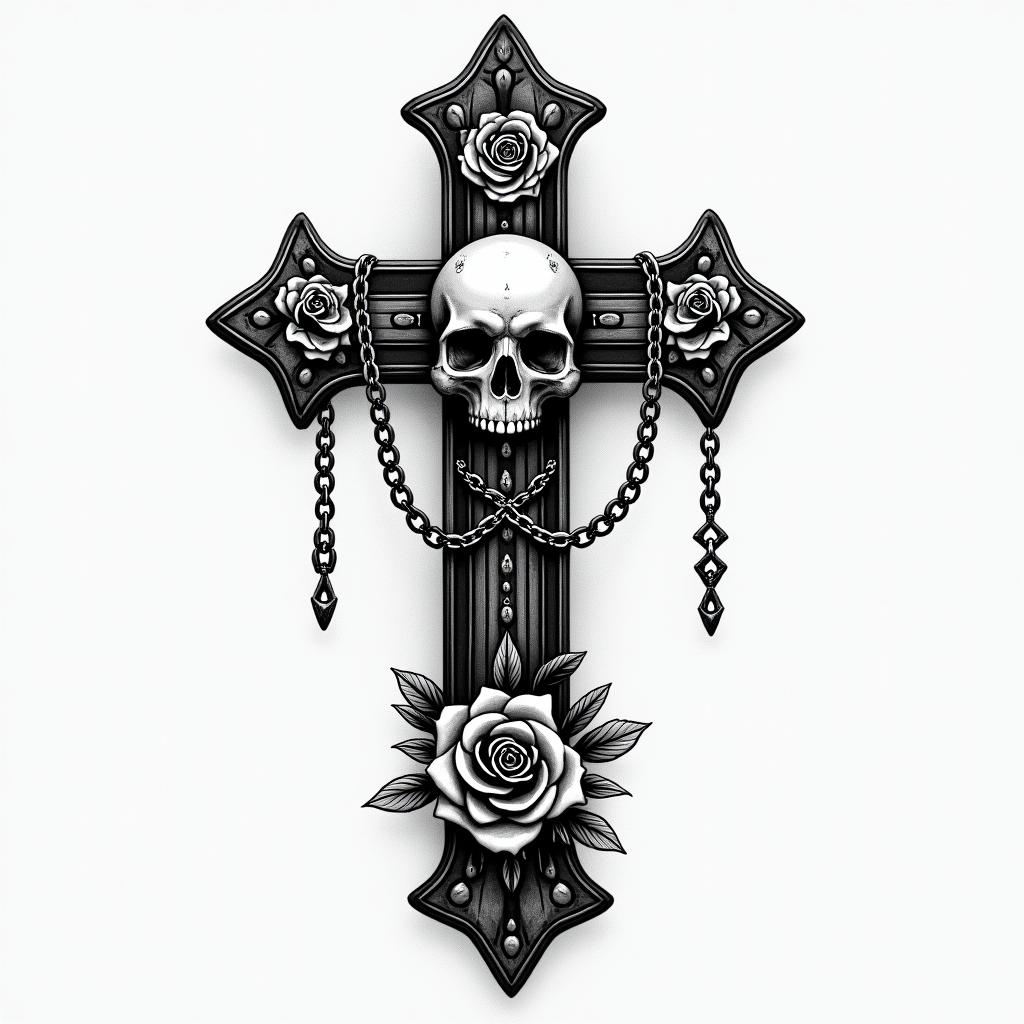 Full sleevein chicano style tattoo, featuring intricate black and grey shading, bold elements of traditional chicano culture symbols, add a big cross with skull, chains and roses