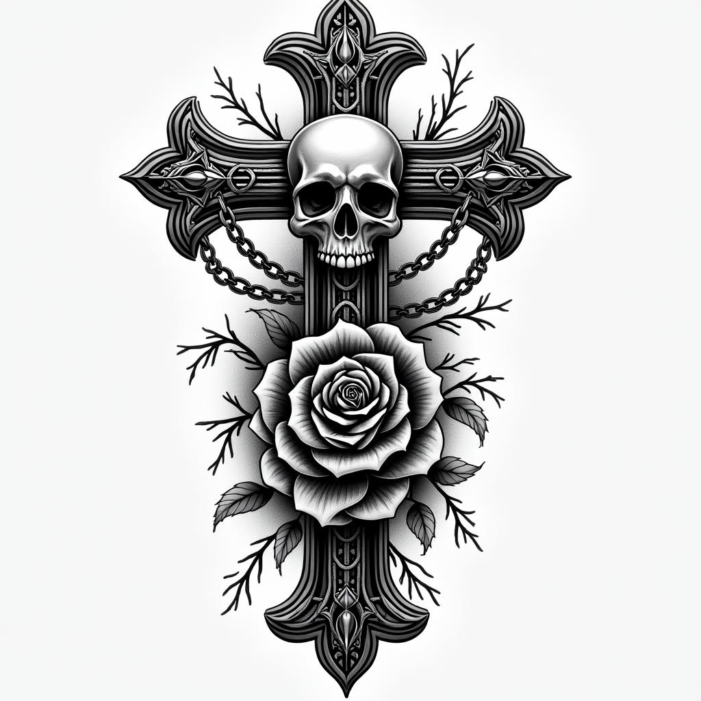 Full sleevein chicano style tattoo, featuring intricate black and grey shading, bold elements of traditional chicano culture symbols, add a big cross with skull, chains and roses - Variation 4