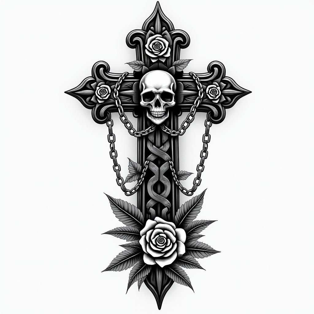 Full sleevein chicano style tattoo, featuring intricate black and grey shading, bold elements of traditional chicano culture symbols, add a big cross with skull, chains and roses - Variation 2