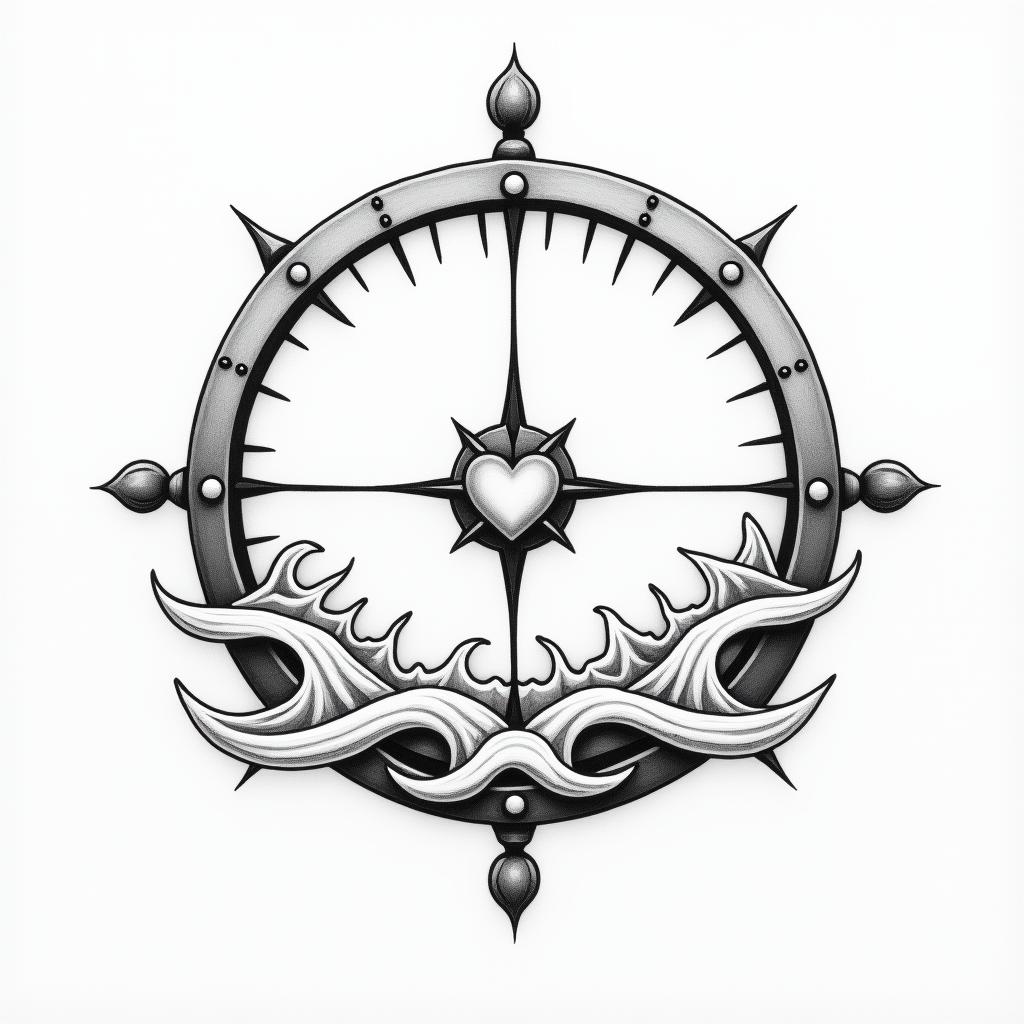 Compass surrounded by ocean wavesin Modest style tattoo, featuring soft, delicate line work with simple and meaningful symbols, gentle waves, a heart, evoking a sense of serenity and grace,