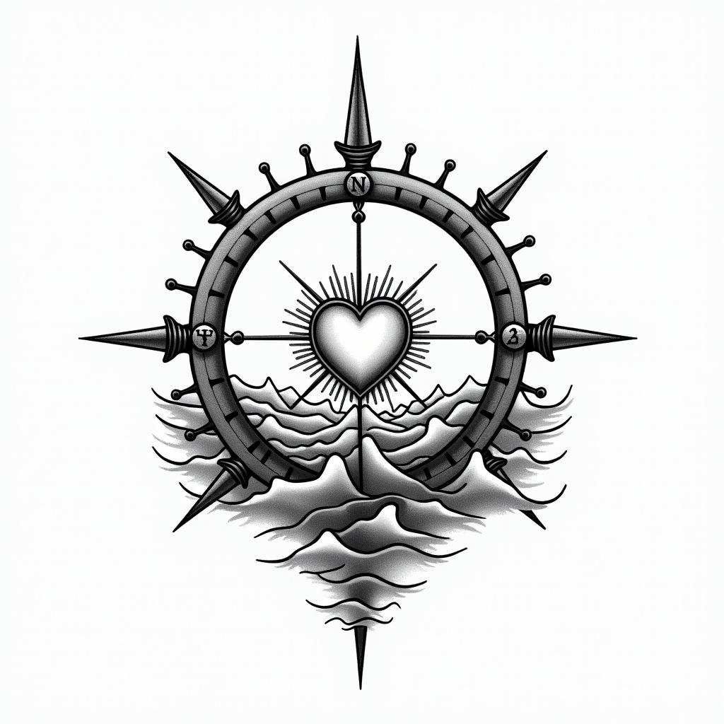 Compass surrounded by ocean wavesin Modest style tattoo, featuring soft, delicate line work with simple and meaningful symbols, gentle waves, a heart, evoking a sense of serenity and grace, - Variation 3