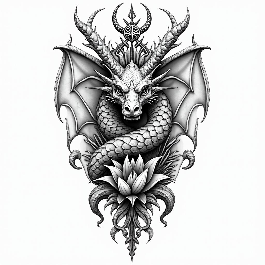 A dragon surrounded by only larkspurs and water lily’sin paganic style tattoo, featuring ancient symbols, add vegvisir symbol, mystical figures, incorporating designs, pentagrams, runes, crescent moons, - Variation 3
