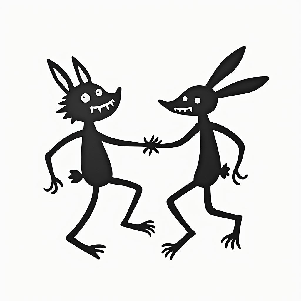 Wolf and rabbit sonabstract dancing figures in Keith Haring style, featuring bold black outlines and solid color fills, figures posed in dynamic and playful dance movements, minimalist design