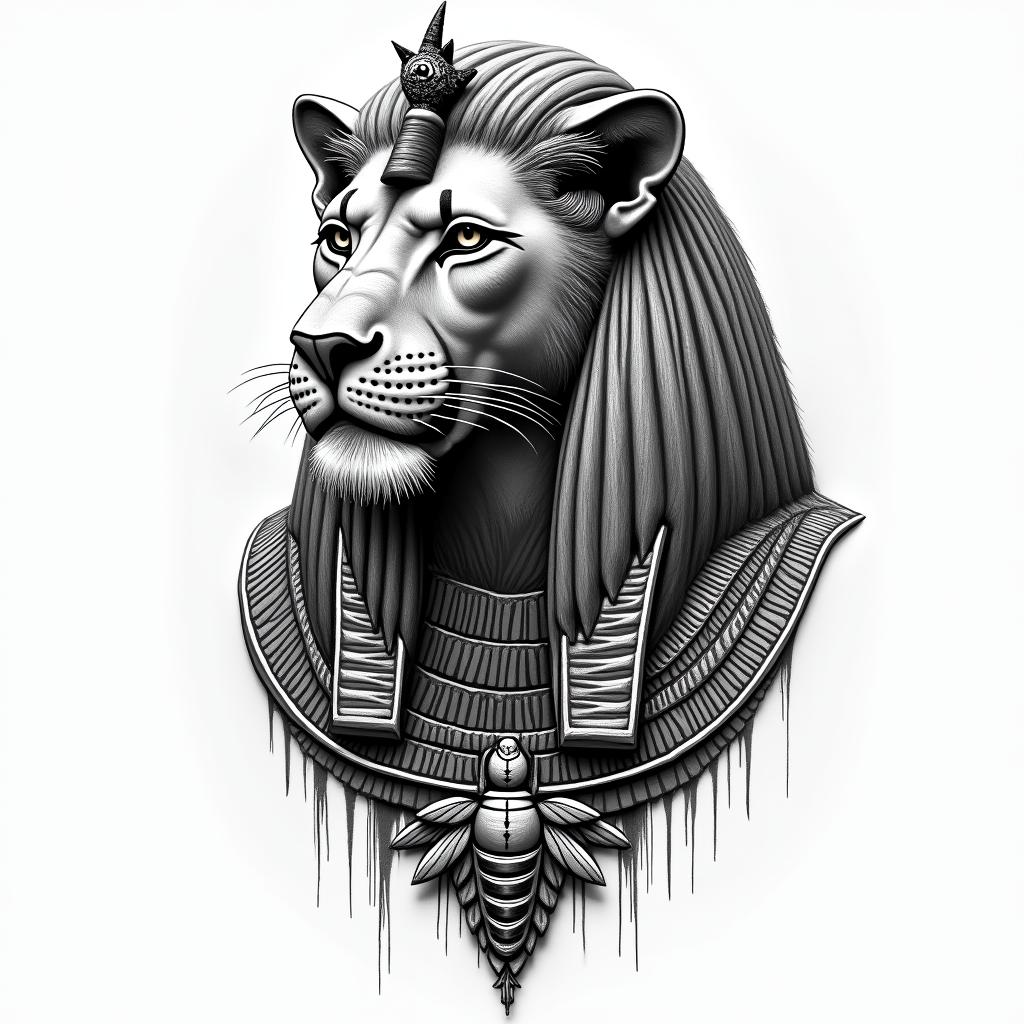Andressa, lionin egyptian style tattoo, bold elements of ancient egyptian culture including a portrait of an Egyptian pharaoh with detailed facial features, in hieroglyphs and symbolic imagery, eye of horus, ankh symbol, scarab beetle