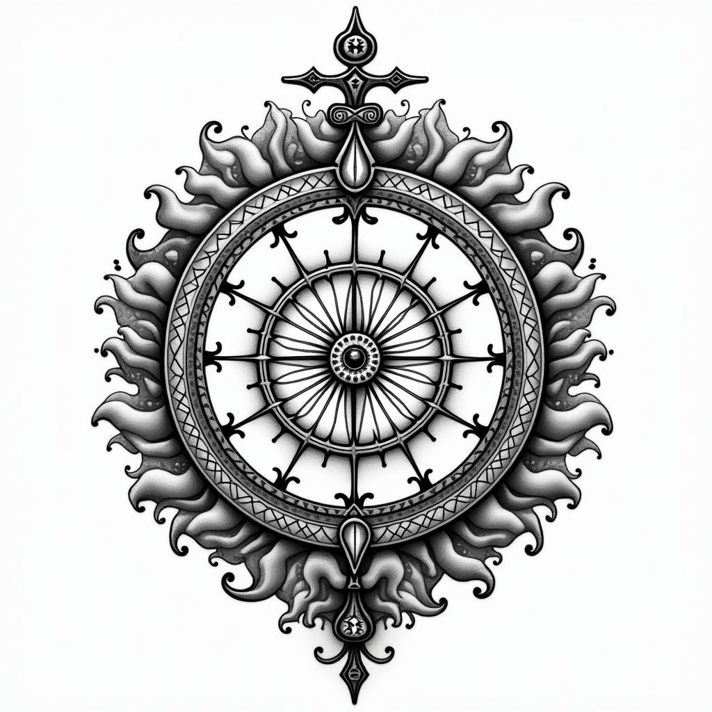 Compass surrounded by ocean wavesin prophecy tattoo style, featuring mystical symbols, celestial imagery like stars, moons, suns, geometric patterns, foretelling elements, an eye of wisdom - Variation 2