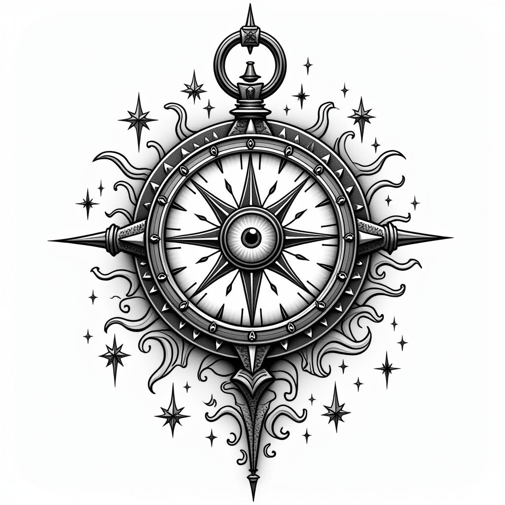 Compass surrounded by ocean wavesin prophecy tattoo style, featuring mystical symbols, celestial imagery like stars, moons, suns, geometric patterns, foretelling elements, an eye of wisdom