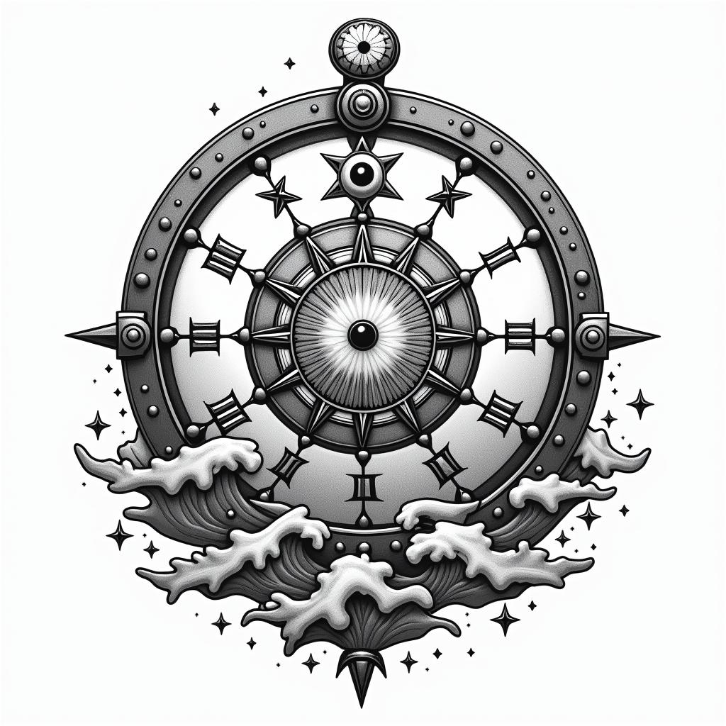 Compass surrounded by ocean wavesin prophecy tattoo style, featuring mystical symbols, celestial imagery like stars, moons, suns, geometric patterns, foretelling elements, an eye of wisdom - Variation 4