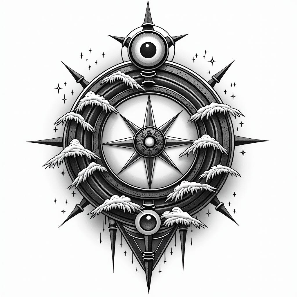 Compass surrounded by ocean wavesin prophecy tattoo style, featuring mystical symbols, celestial imagery like stars, moons, suns, geometric patterns, foretelling elements, an eye of wisdom - Variation 3